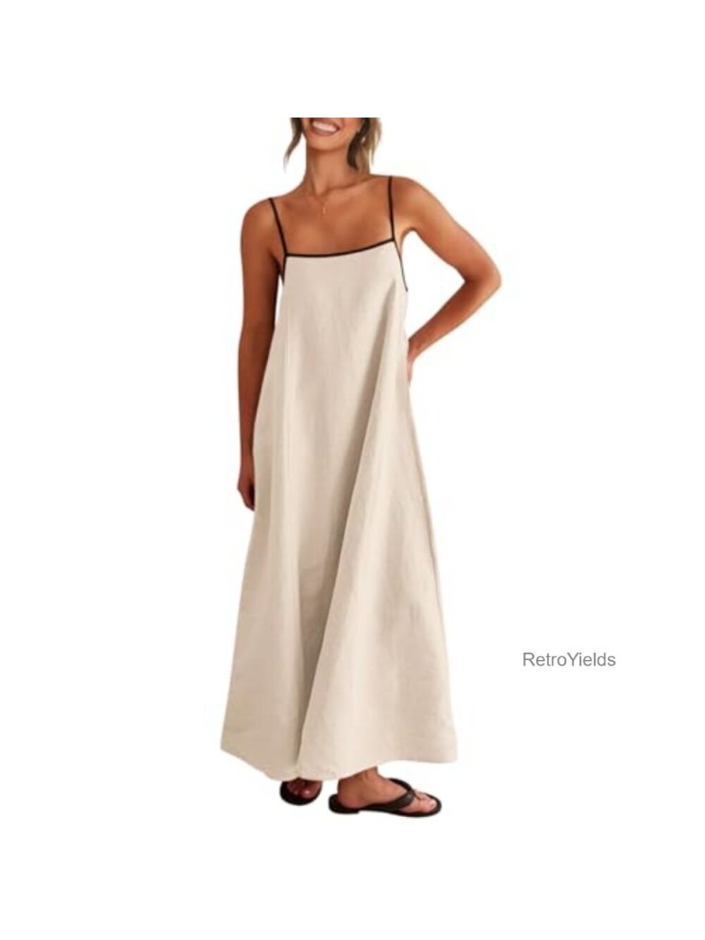 Linen Maxi Dress Spaghetti Strap Back Tie Side Pockets Casual Boho